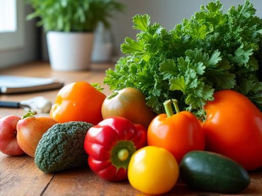 Assortiment de légumes frais et sains sur une table de cuisine, représentant la nutrition