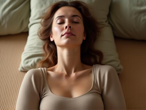 Une personne dans une pose de Yin Yoga apaisante sur un tapis, lumière douce